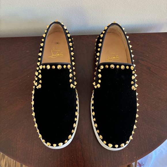 Christian Louboutin Pik Boat Sneakers in Black Velvet with Gold Spikes - Picture 7 of 12